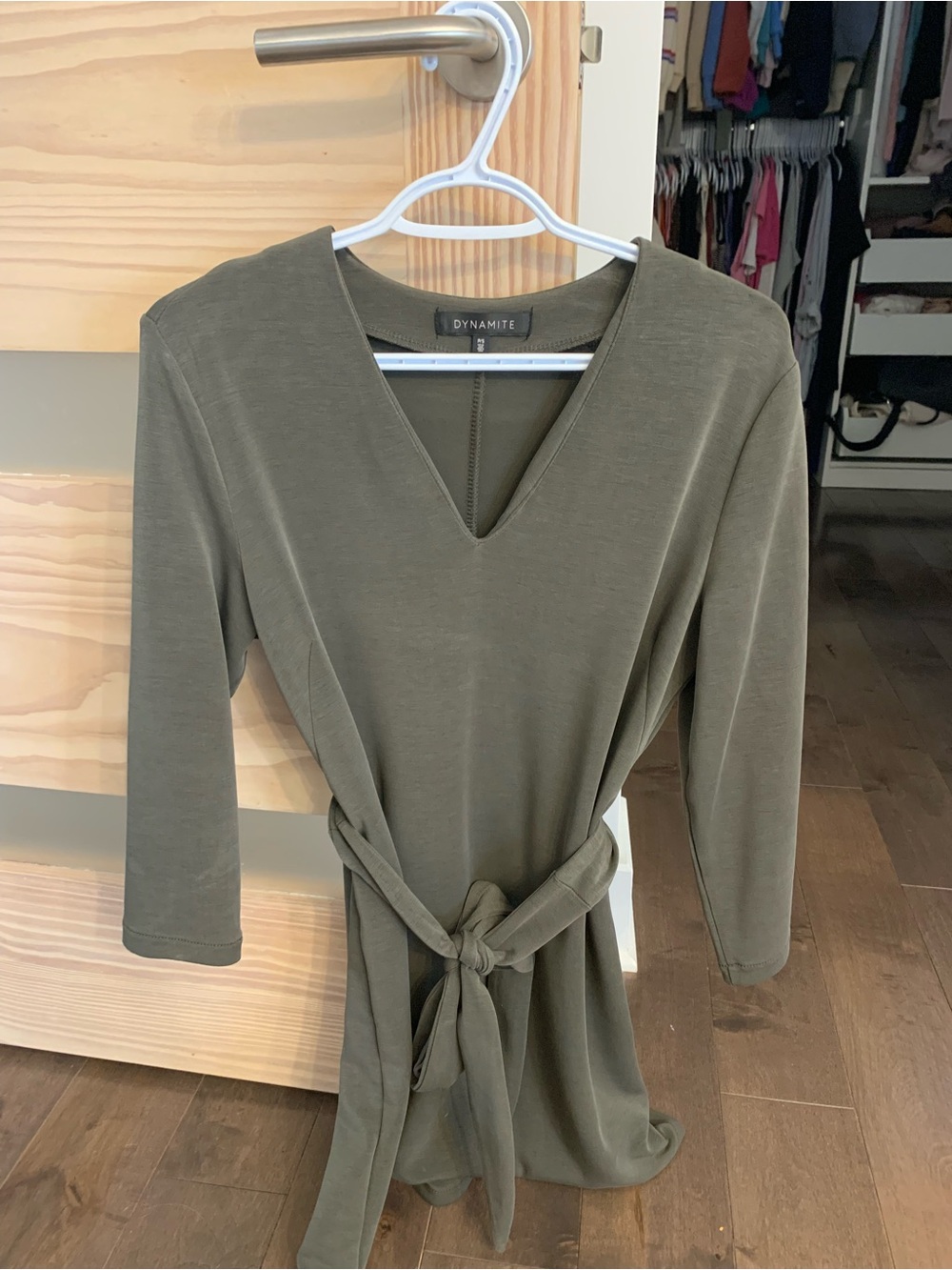 Dynamite Olive Green V-Neck Tie-Waist Dress - small